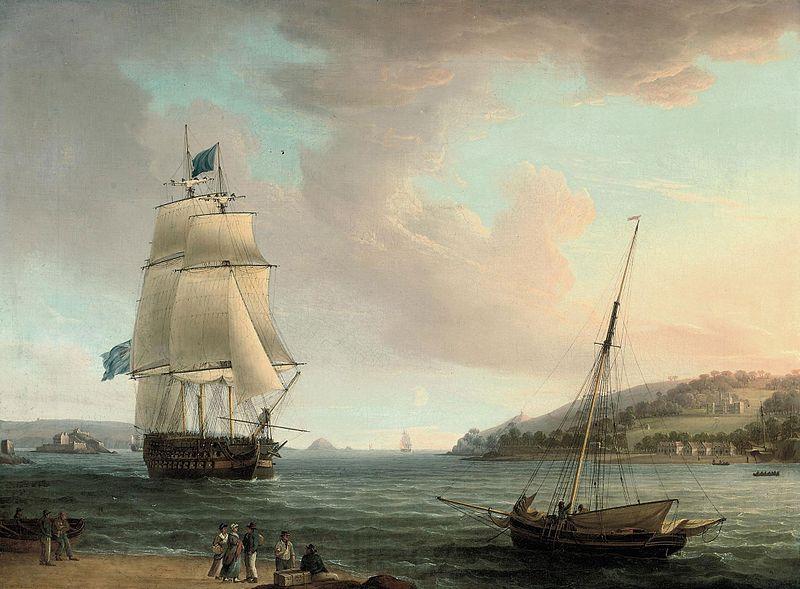 Thomas Whitcombe A crowded flagship of an Admiral of the Blue passing Mount Edgcumbe as she closes into port at Plymouth Germany oil painting art